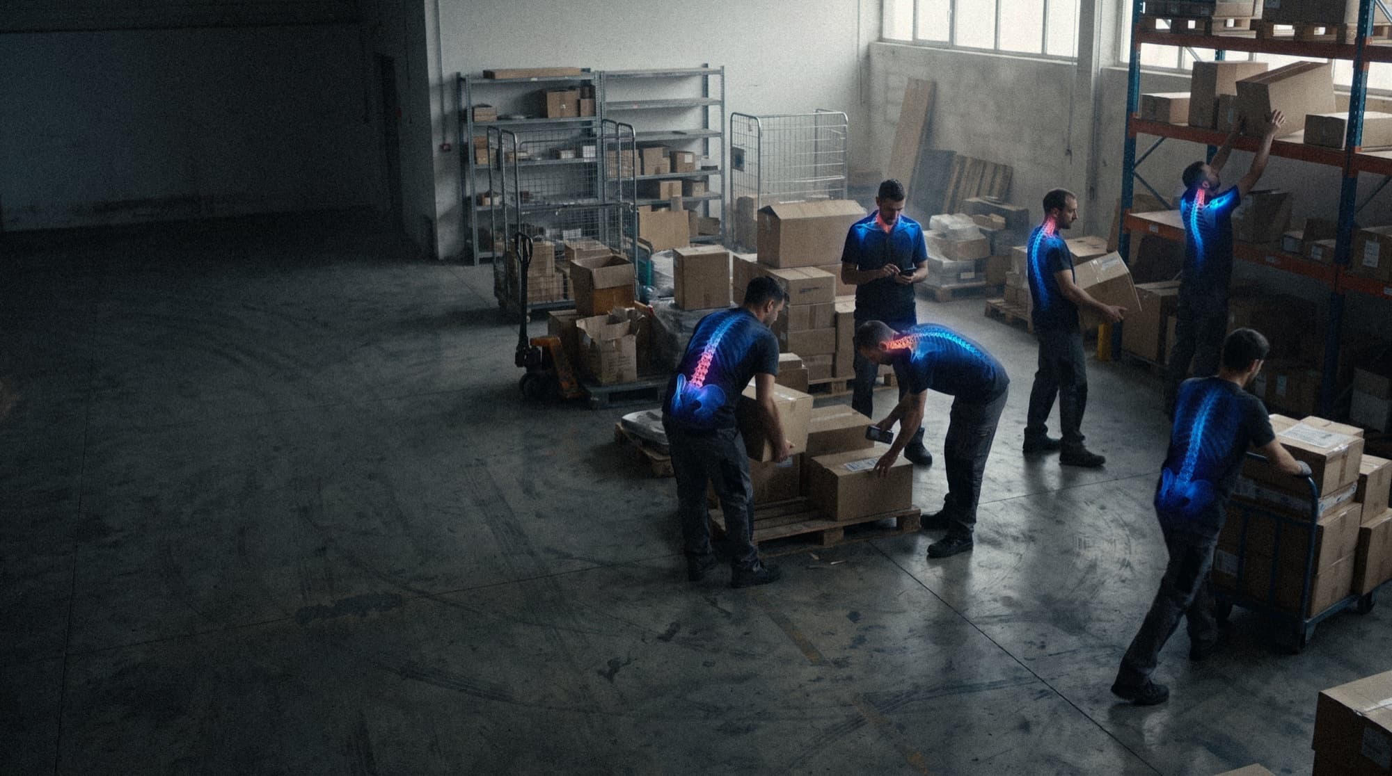 Salariés dans un entrepôt logistique avec révélation anatomique des zones de TMS, AXiO